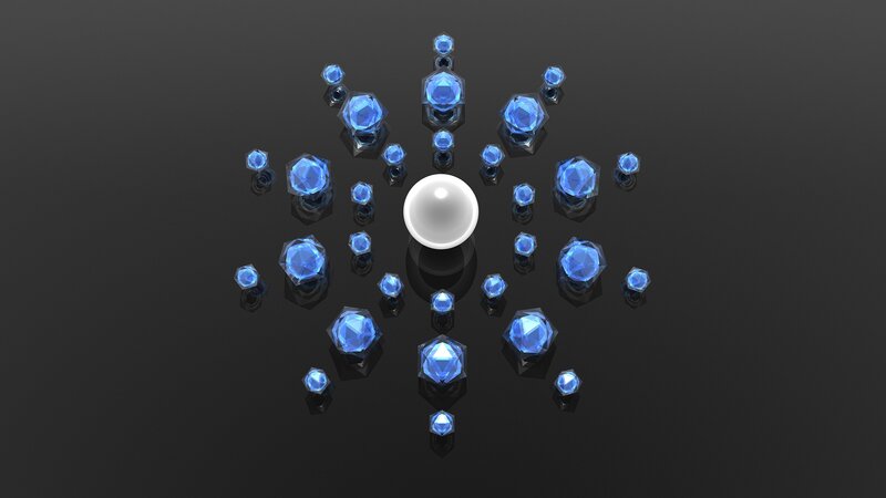 blue gems around a white sphere