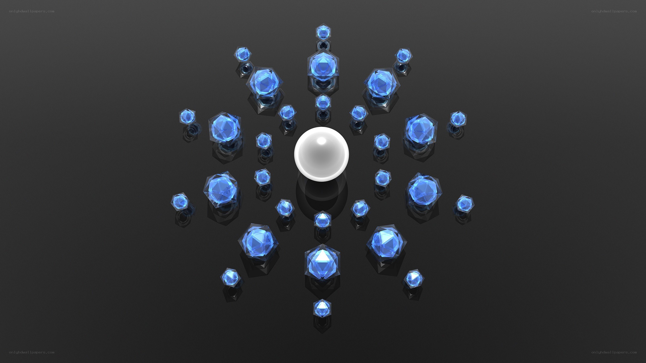 blue gems around a white sphere