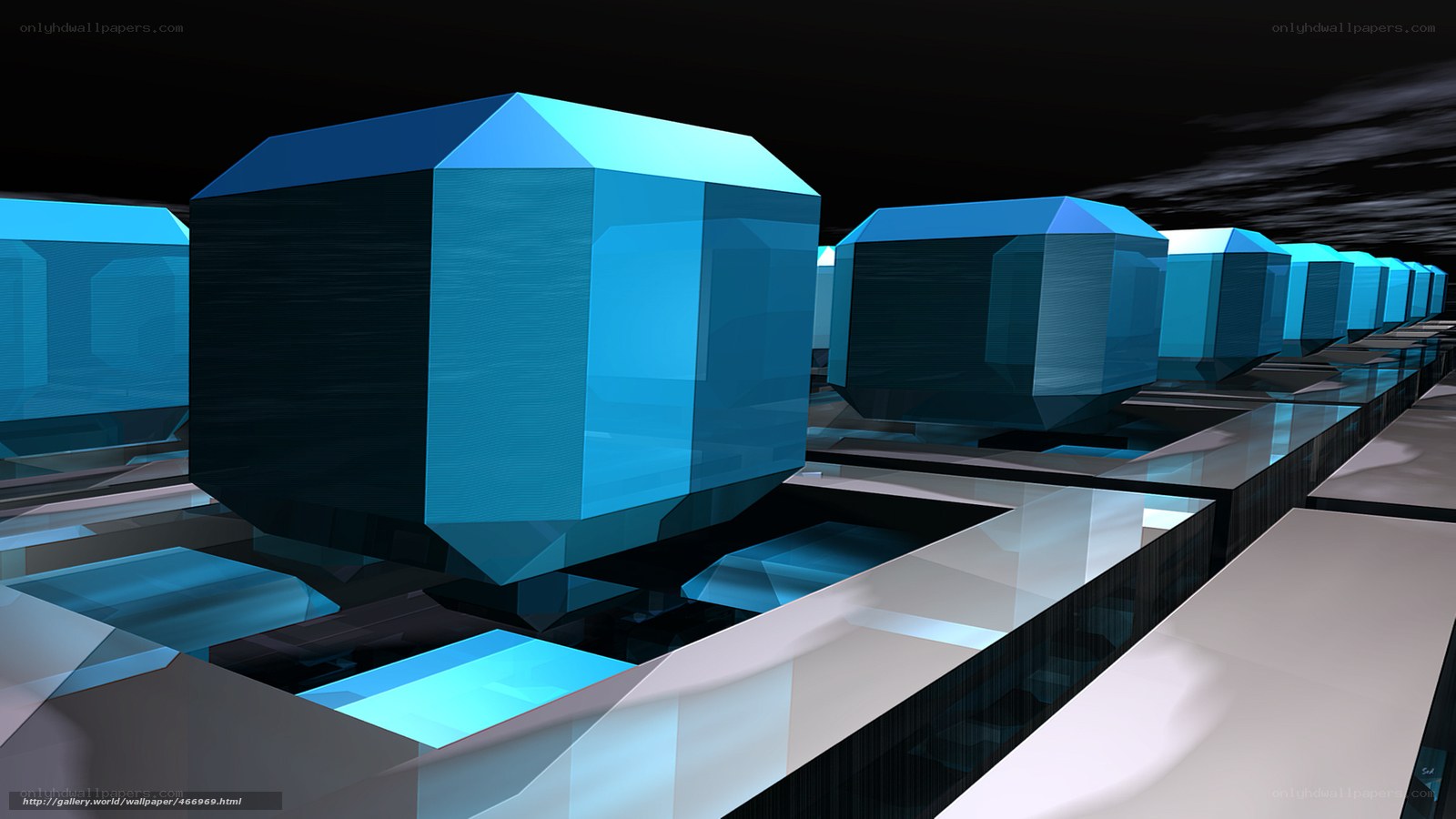 Blue geometric cubes in a futuristic corridor