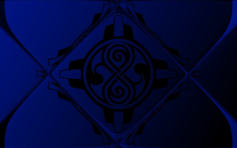blue geometric pattern with symbol