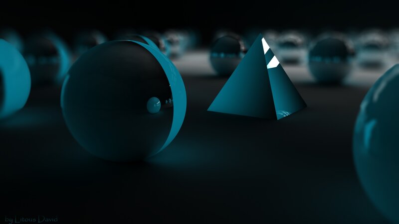 Blue geometric shapes in dark space