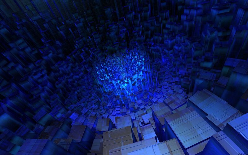 Blue Geometric Tunnel — Dark, Digital Art, Blocks