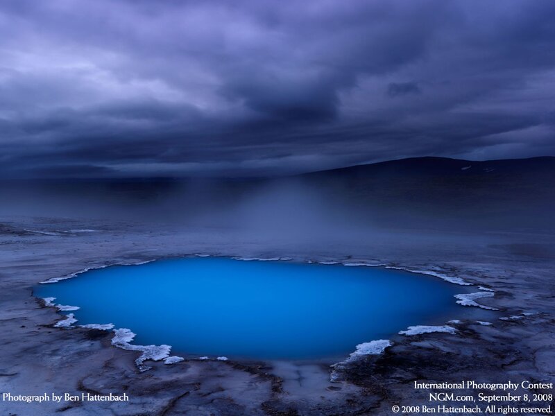 Blue Geothermal Pool — Dramatic, Night, Photograph