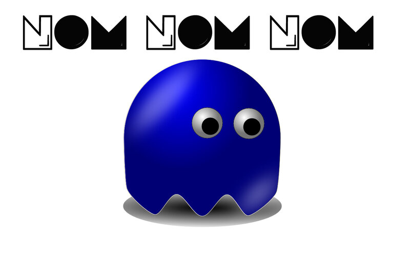 blue ghost with nom nom text