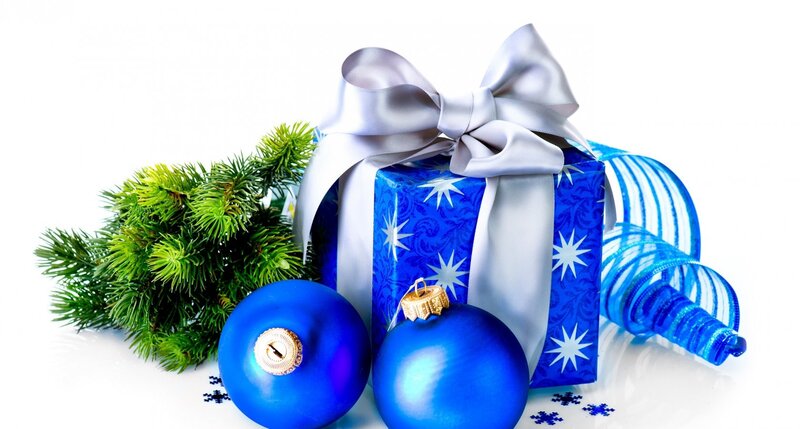 Blue Gift Box with Ornaments — Festive, Winter, Photograph