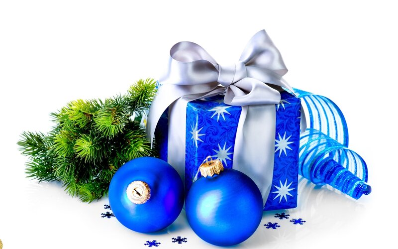 Blue Gift Box with Ornaments — Festive, Winter