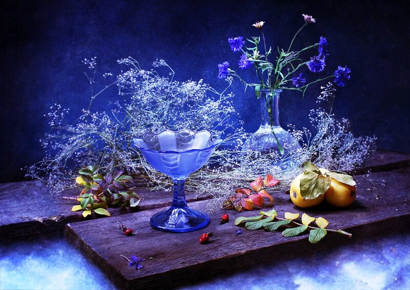 Blue Glass Bowl with Flowers