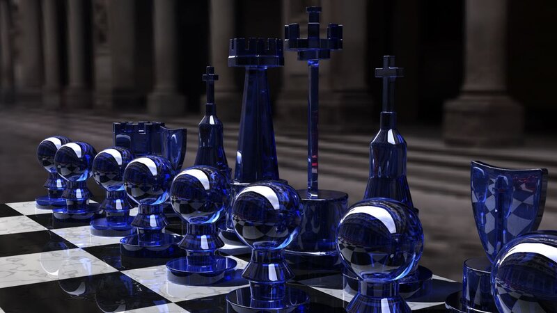 Blue Glass Chess Pieces — Dramatic, 3d Render