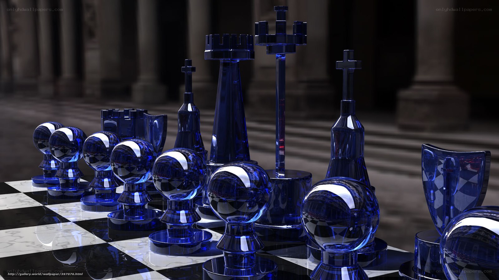 Blue glass chess set