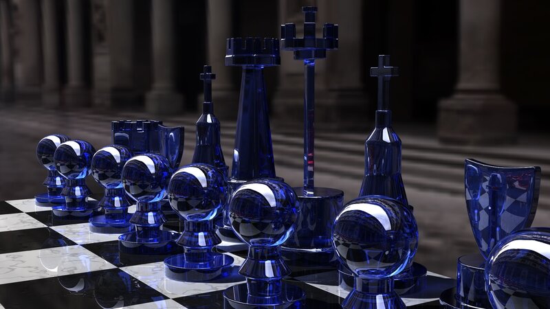 Blue glass chess set