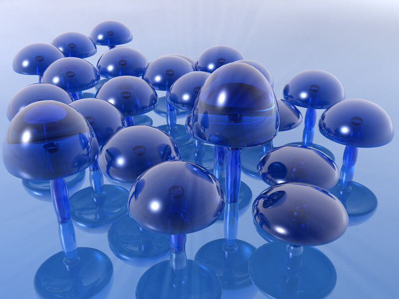 blue glass mushroom sculptures