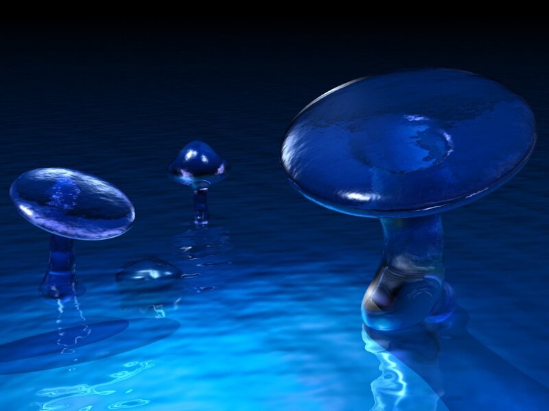 Blue glass mushrooms in water