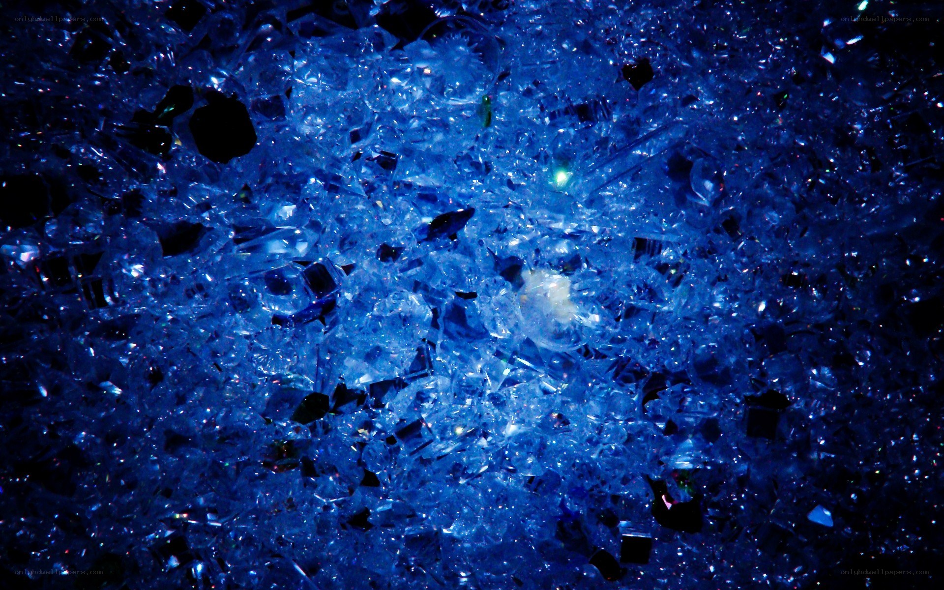 blue glass shards under light