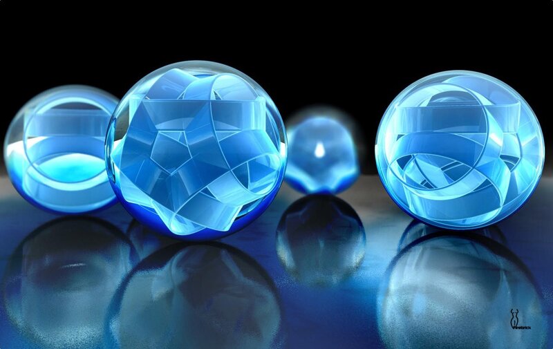 Blue Glass Spheres — Abstract, 3d Render, Reflection, Dark Surface