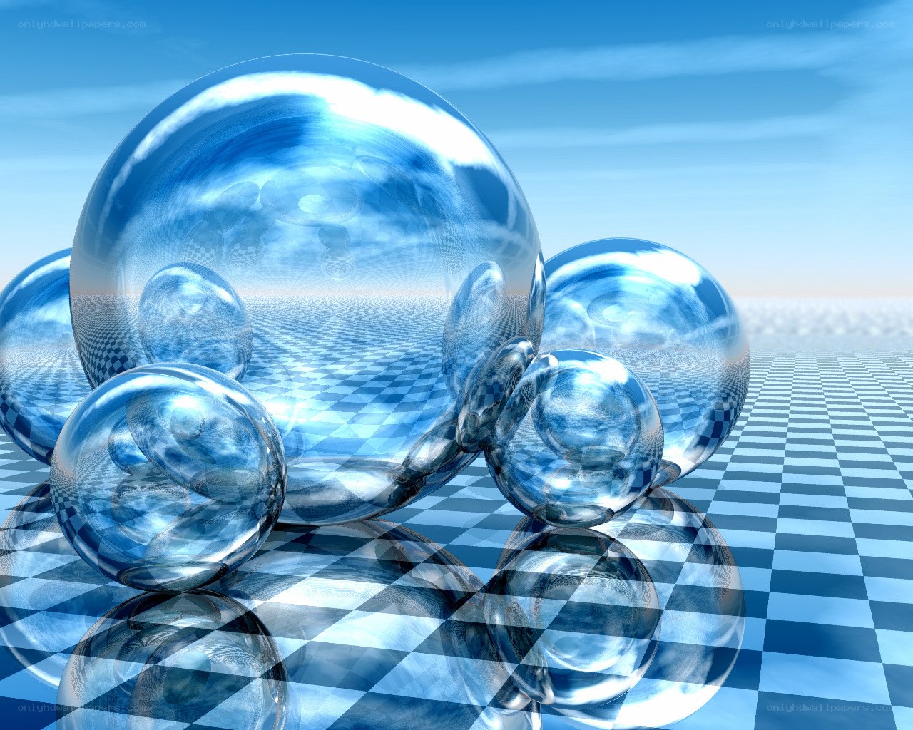 Blue glass spheres on checkered floor