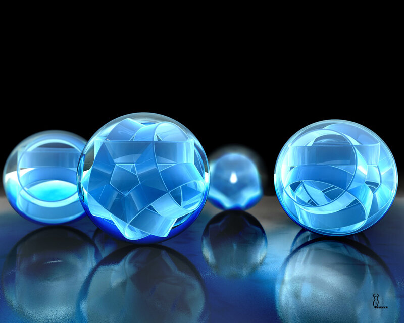 Blue glass spheres on reflective surface