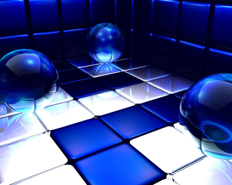 blue glass spheres on tiled floor