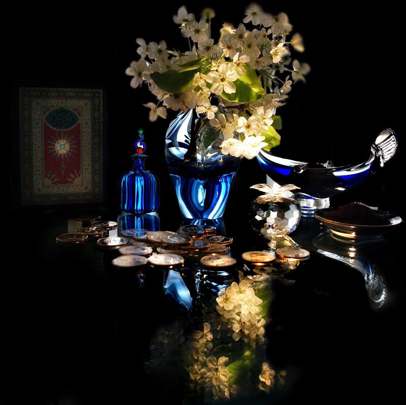 Blue Glass Vase with Flowers