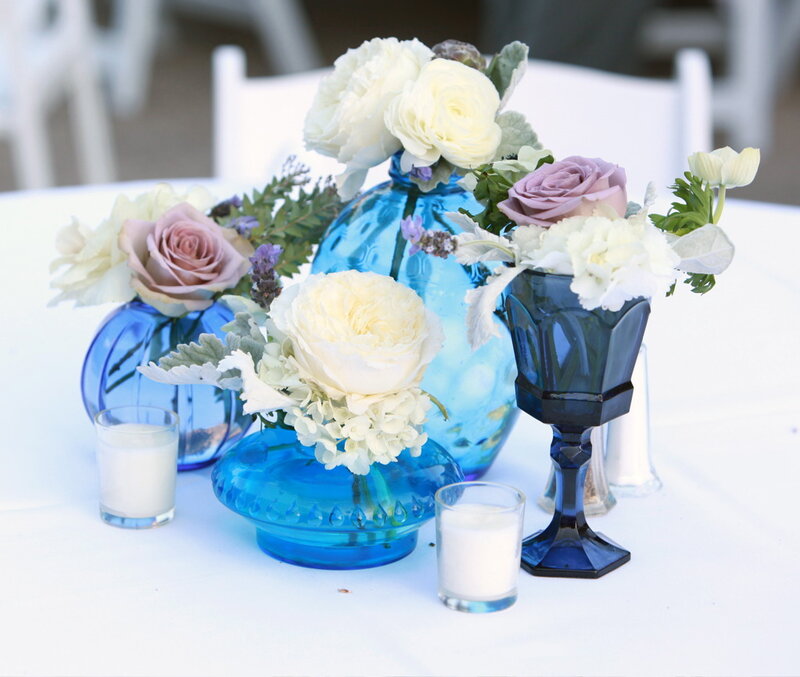 Blue Glass Vases with Flowers