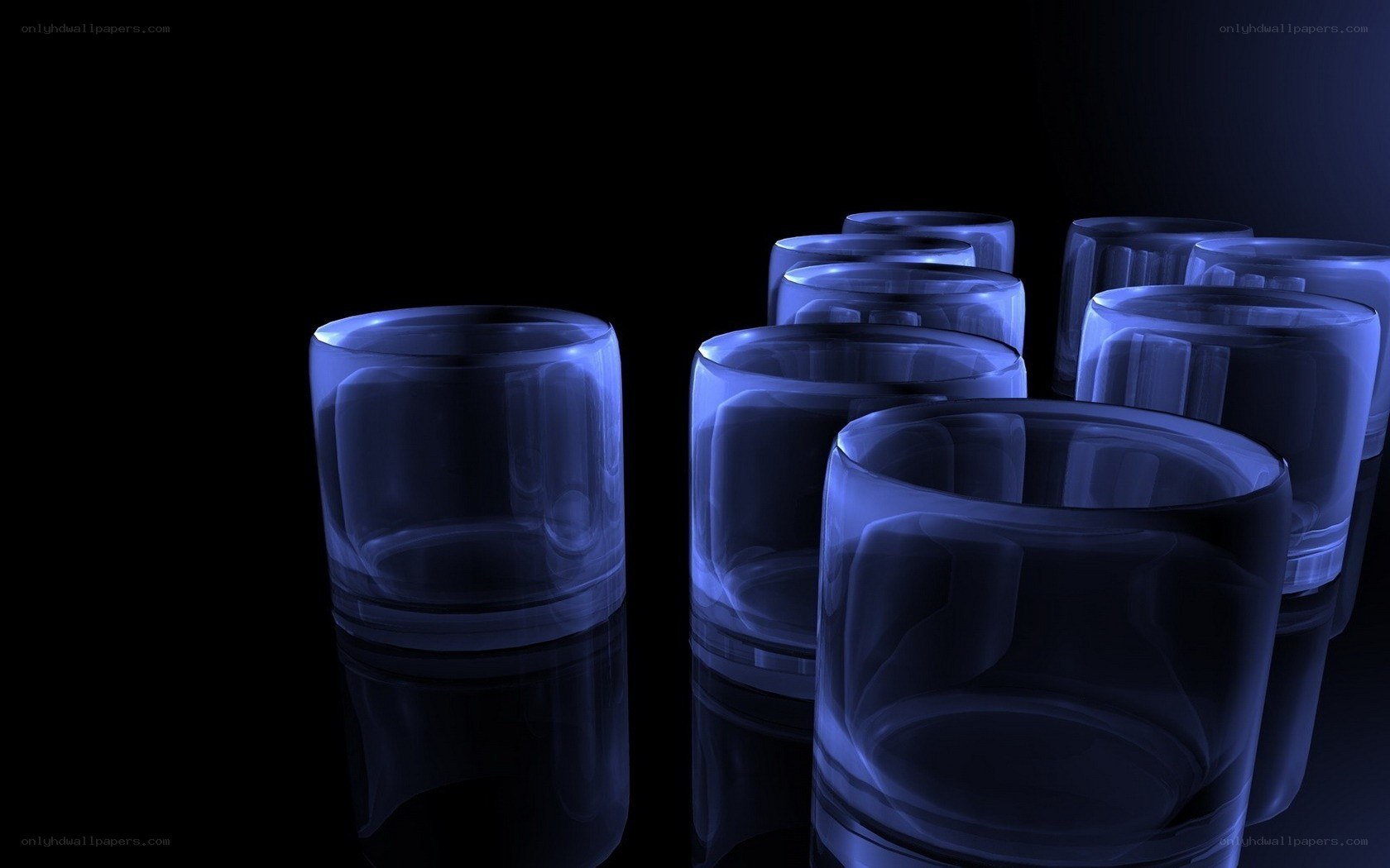 blue glassware on black background
