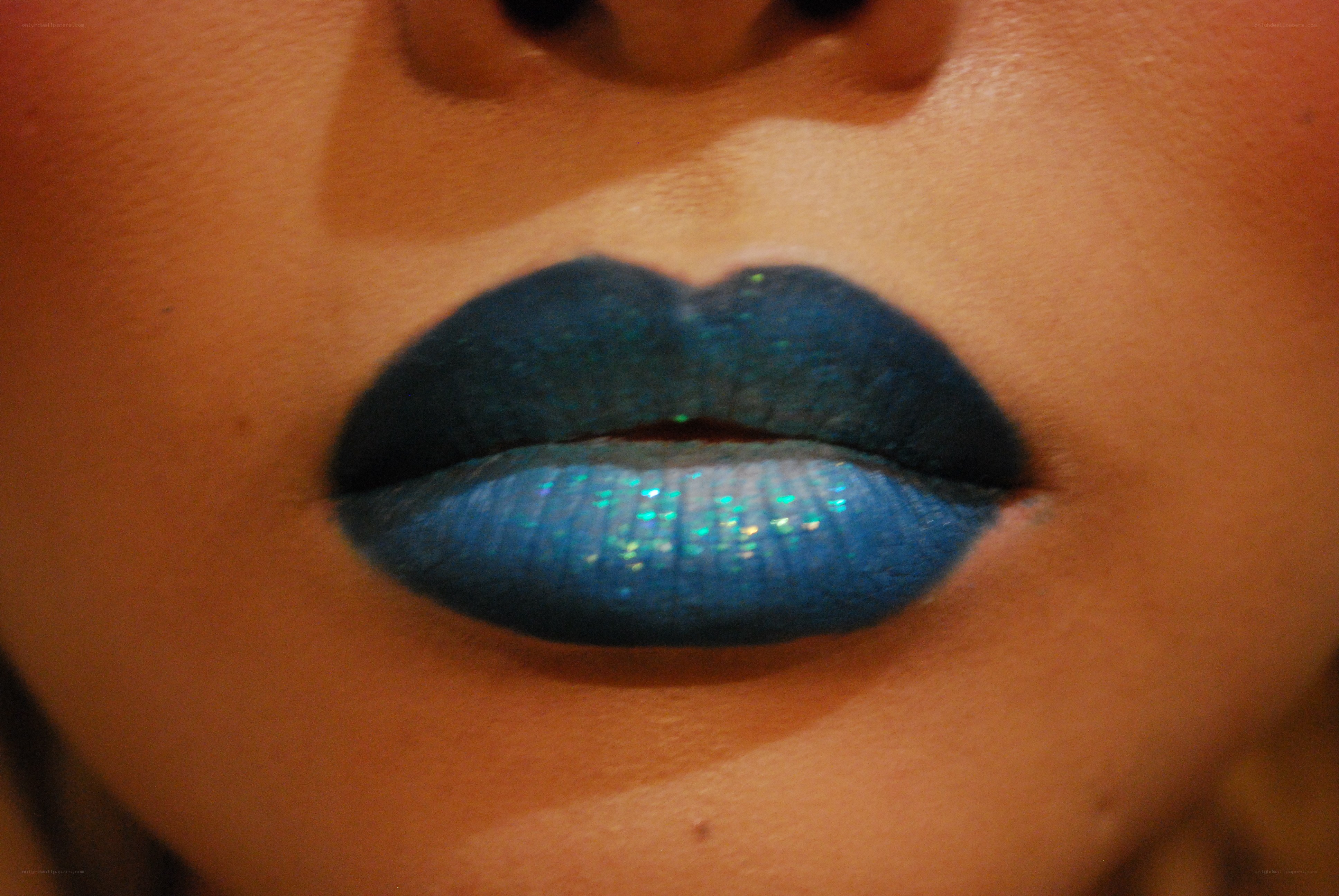 blue glitter lips close-up