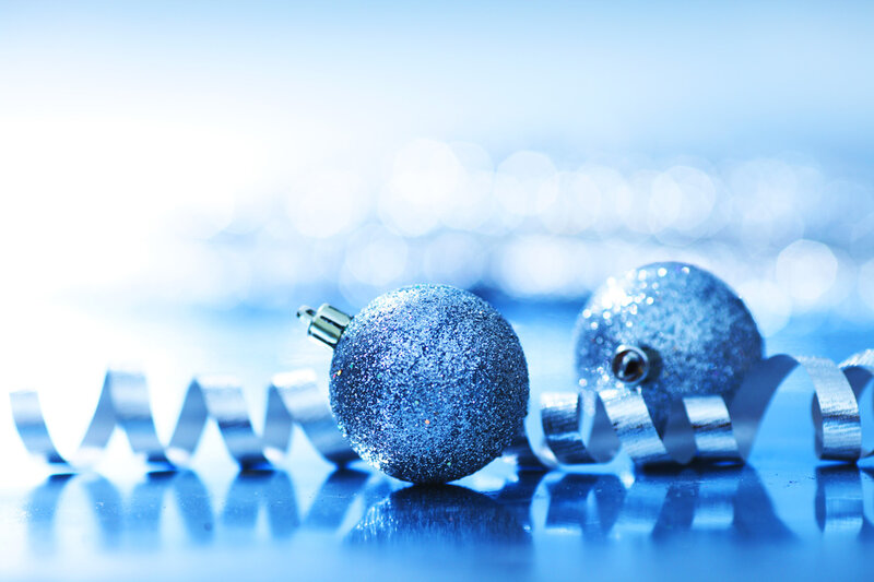 Blue Glitter Ornaments — Festive, Photograph, Ribbon