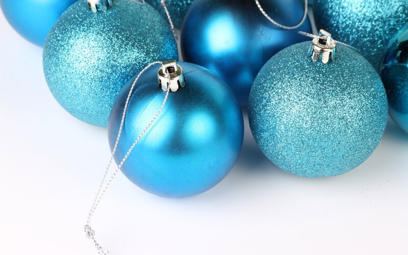 Blue Glitter Ornaments — Festive, Photograph, String, White Surface