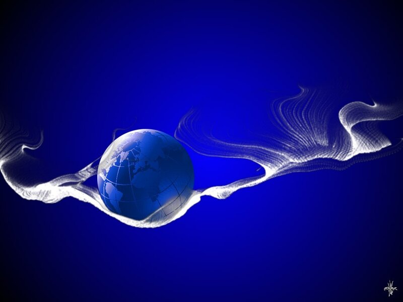 Blue globe with white swirls