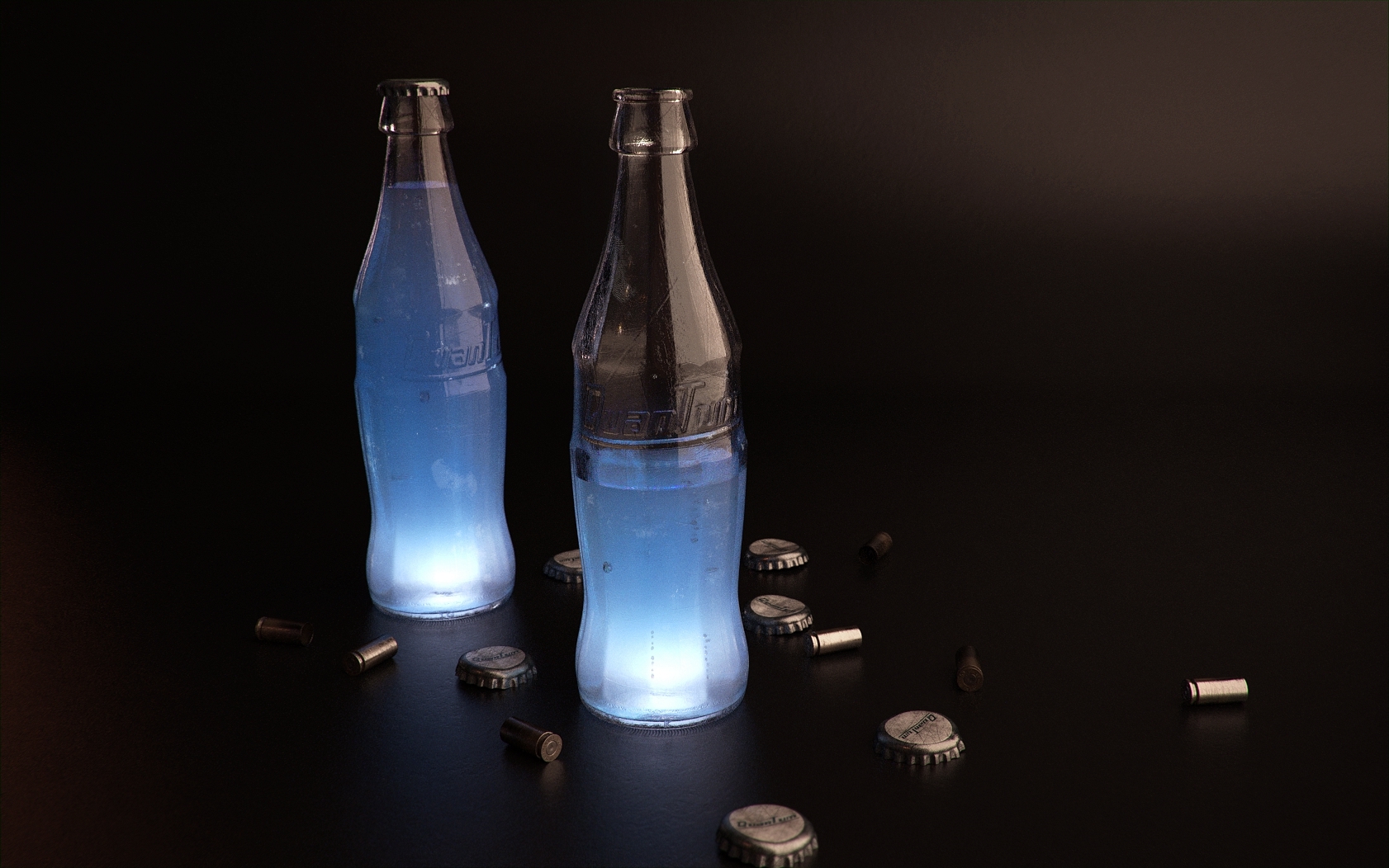 Blue glowing bottles with caps