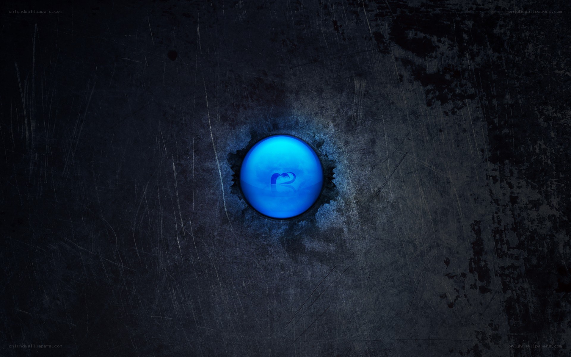 blue glowing button on metal