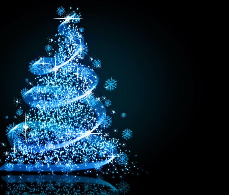Blue Glowing Christmas Tree — Festive, Night, Digital Art, Snowflakes