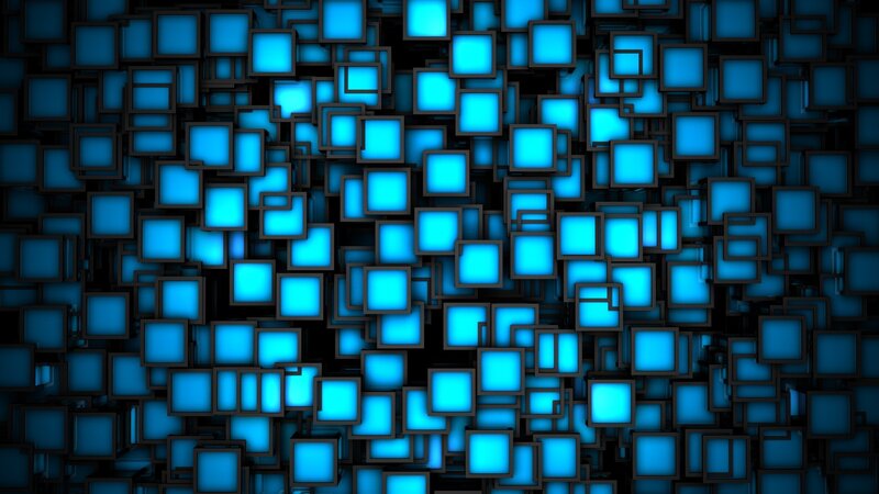 Blue Glowing Cubes — Abstract, Digital Art, Glow, Dark