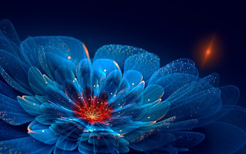 Blue Glowing Flower — Dramatic, Night, Digital Art, Red Center