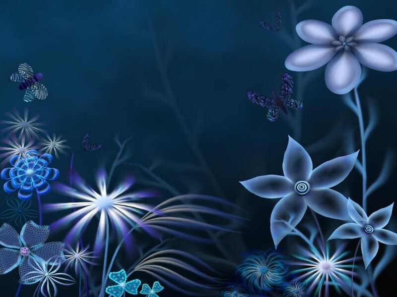 Blue Glowing Flowers and Butterflies