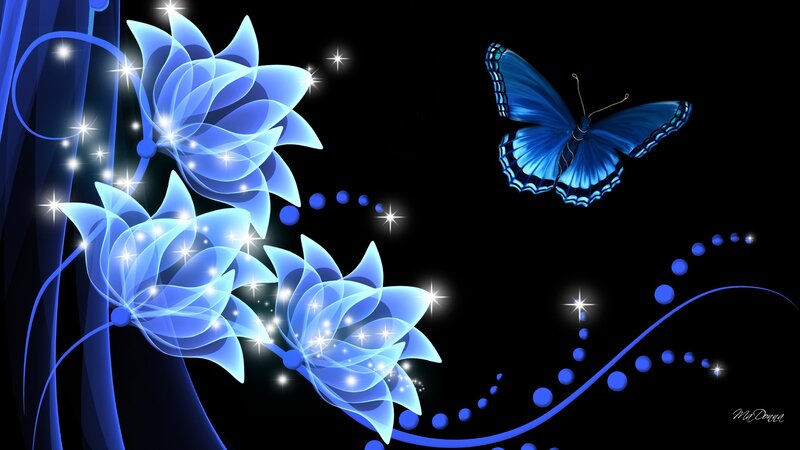 Blue Glowing Flowers and Butterfly