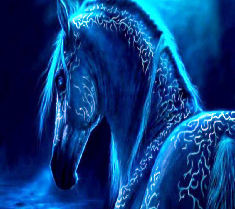 Blue Glowing Horse — Dramatic, Night, Digital Art, Glowing Lines