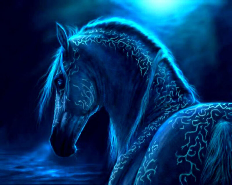 Blue Glowing Horse — Dramatic, Night