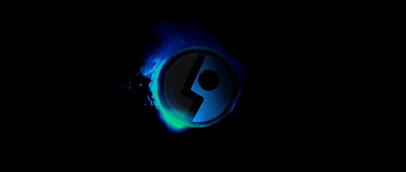 blue glowing logo on black