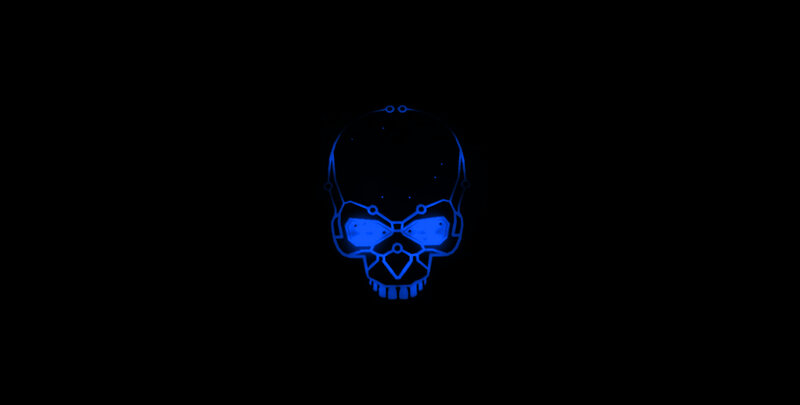 blue glowing skull logo
