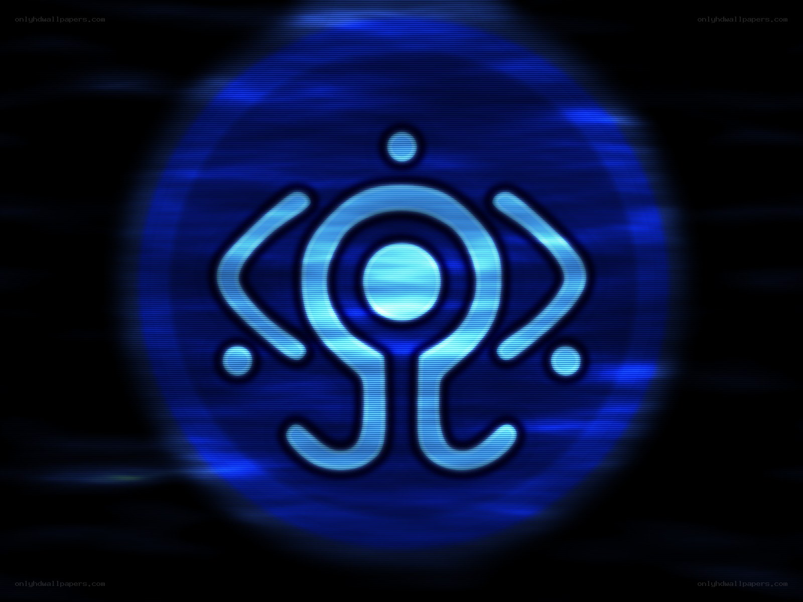 blue glowing symbol on dark background