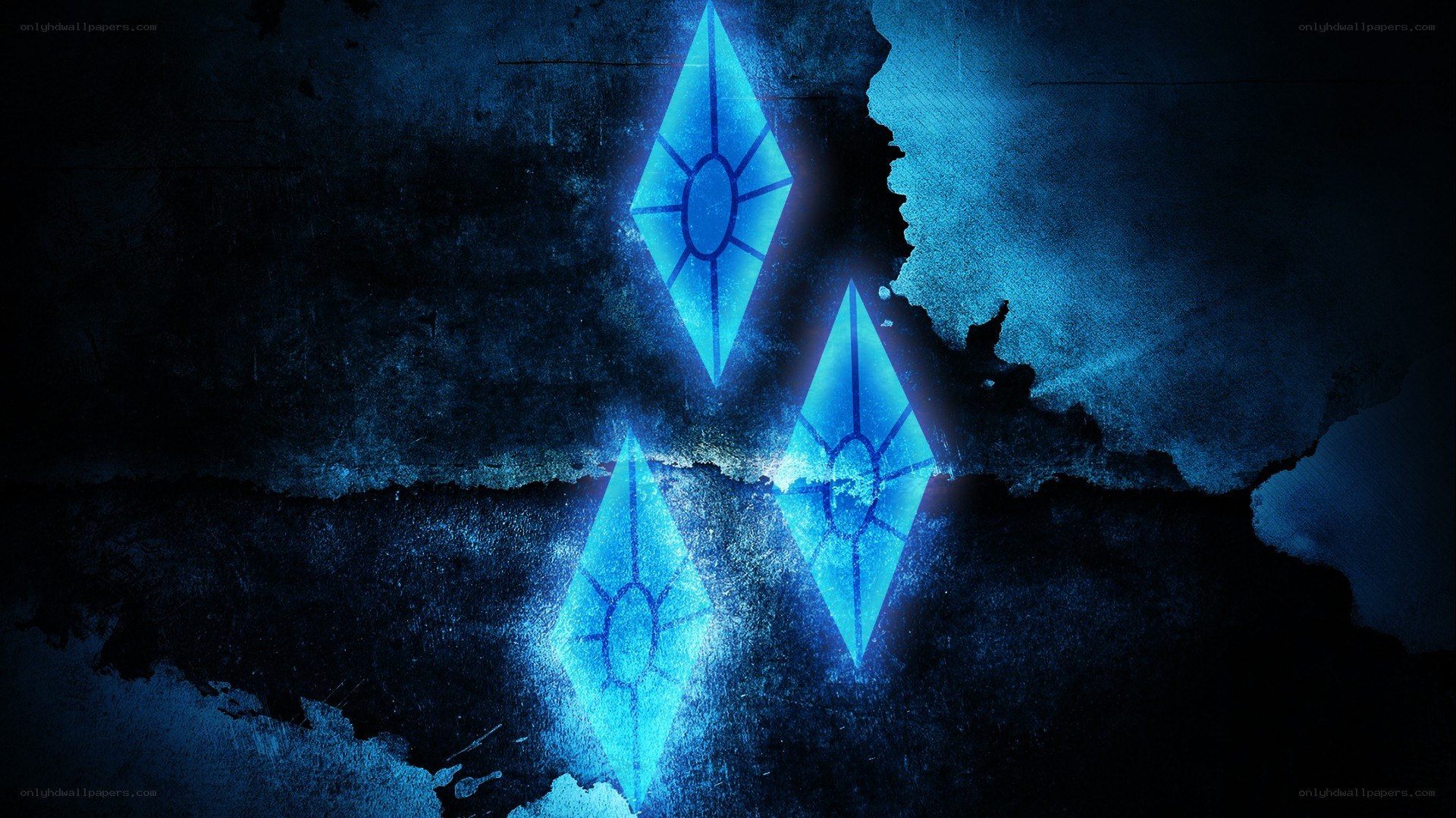 blue glowing symbols on dark wall