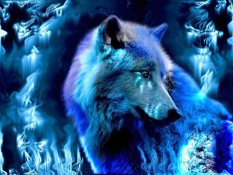Blue Glowing Wolf — Dramatic, Digital Art