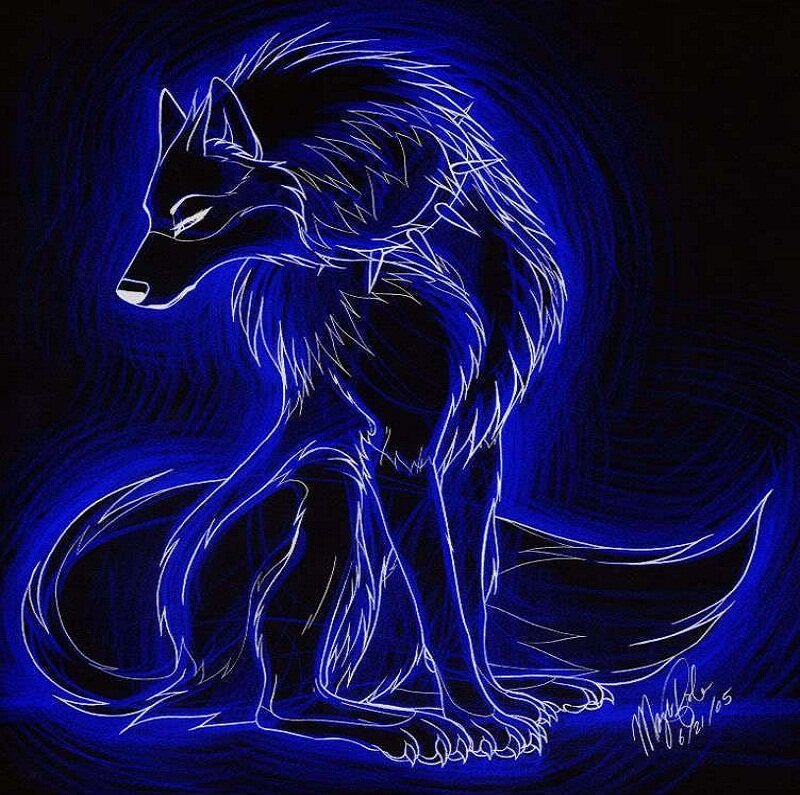 Blue Glowing Wolf — Dramatic, Night, Digital Art, Glowing Lines