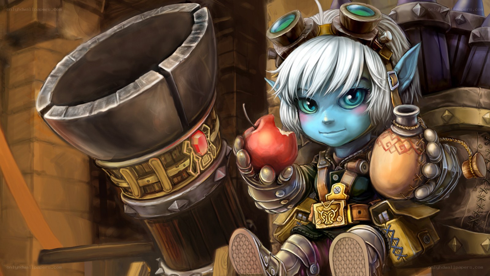 blue goblin with apple