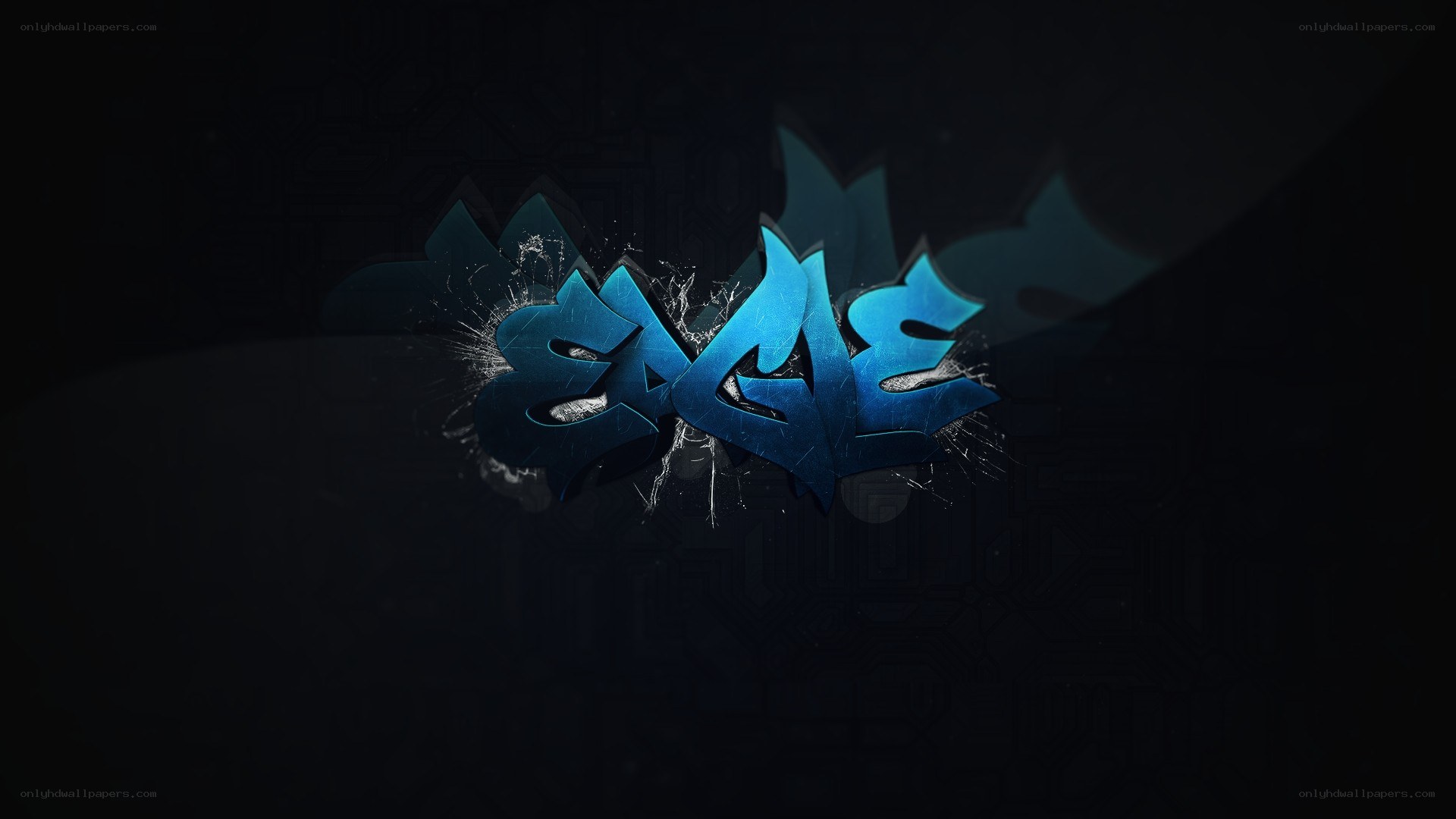 blue graffiti text on dark background