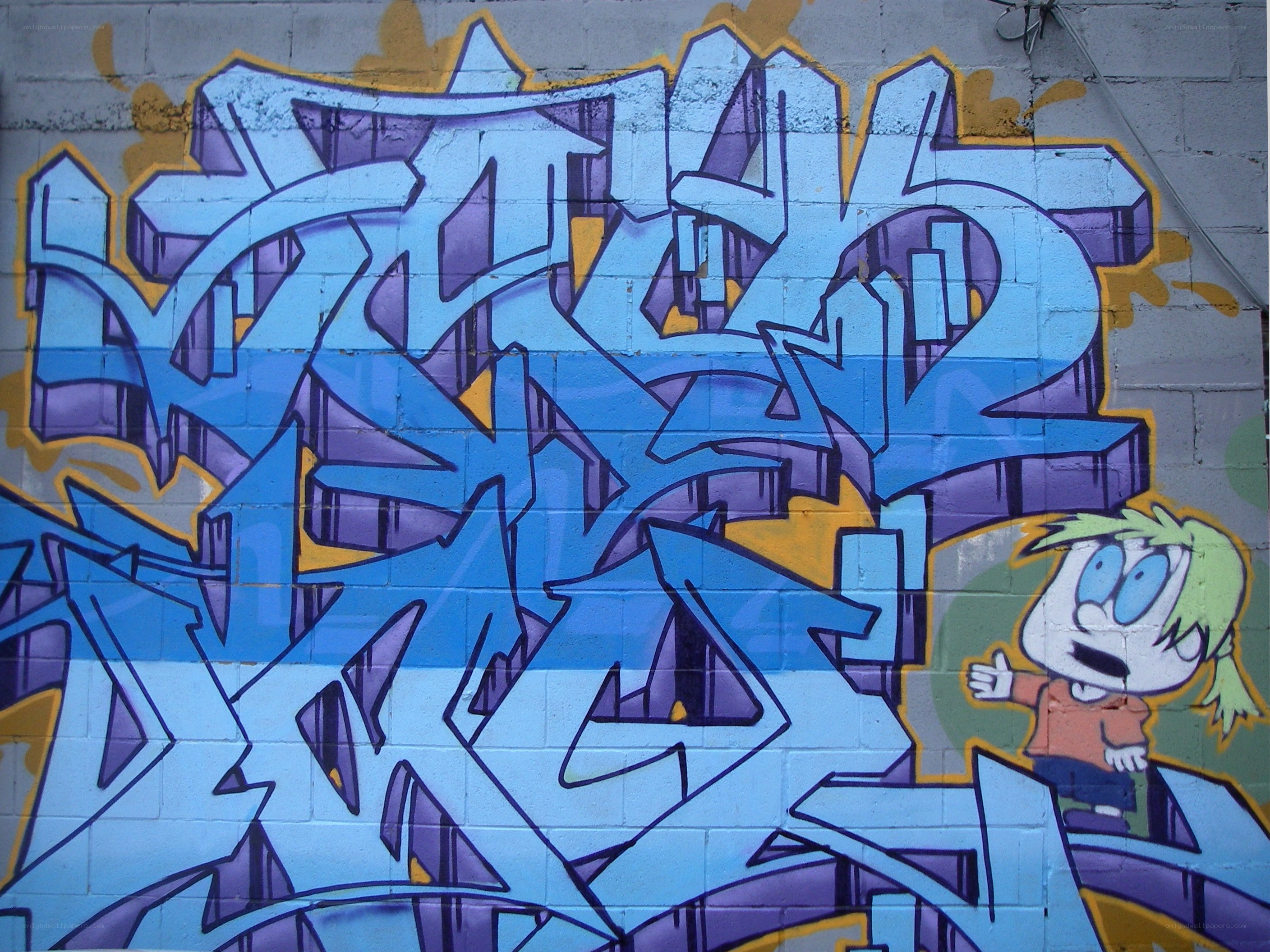 blue graffiti with cartoon character