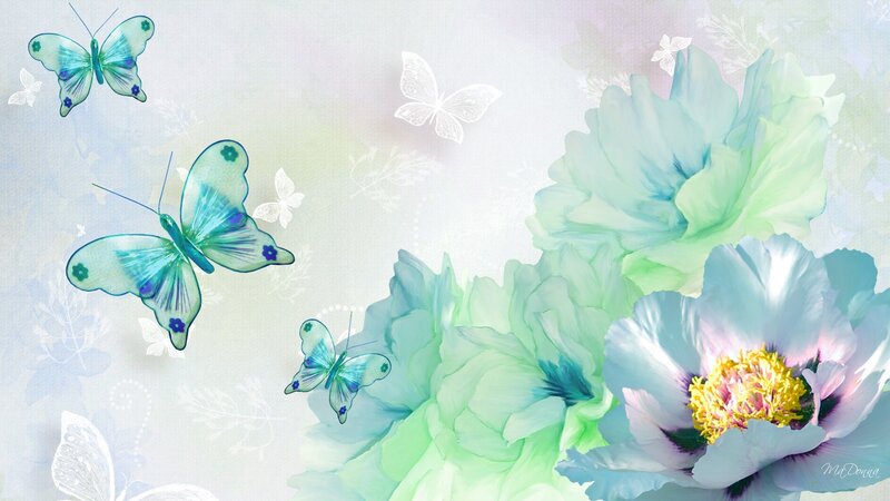 Blue-green Butterflies and Flowers