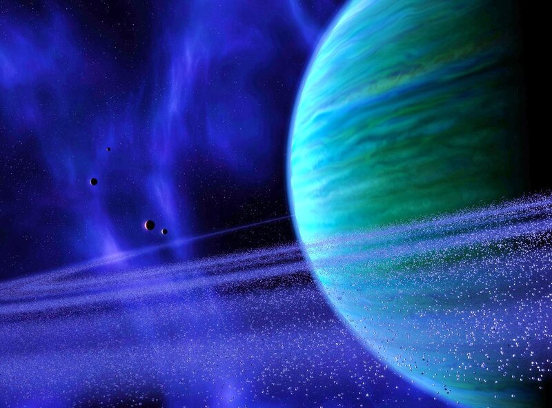 Blue-green planet with rings
