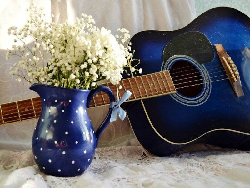 Blue Guitar with Flowers — Serene, Photograph