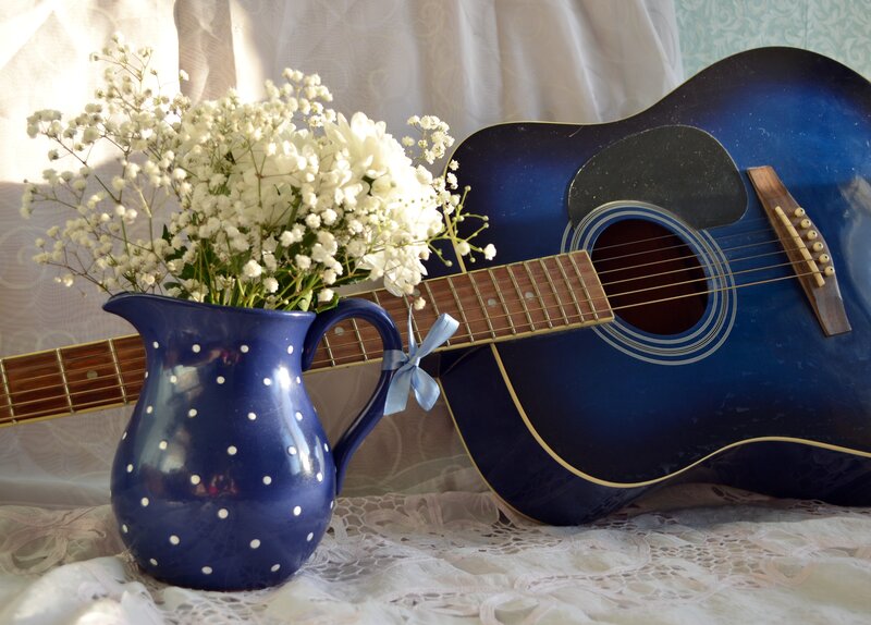 Blue Guitar with Flowers